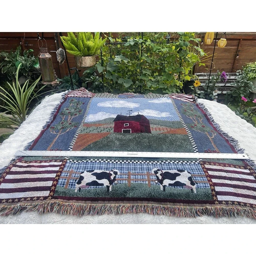 Farmhouse Woven Throw Blanket Red Barn Cows Rooster Americana Fringe 56x48